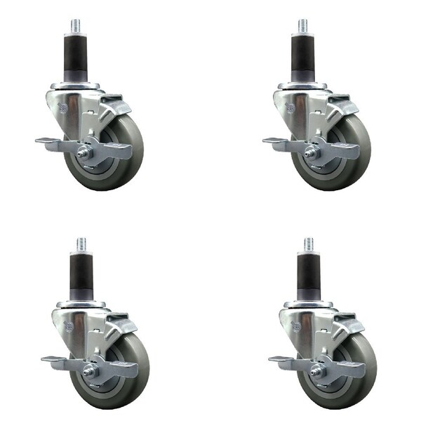 3.5'' Gray Poly Swivel 1-1/4'' Expanding Stem Caster Set with Brake, 4PK